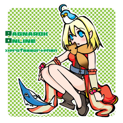 1girl animal animal_around_neck animal_on_head belt bird bird_on_head blonde_hair blue_belt blue_bird blue_eyes blush breasts character_name chibi chibi_only commentary_request copyright_name detached_sleeves dress filir_(ragnarok_online) fish fox full_body green_background looking_at_viewer lowres medium_breasts on_head open_mouth pelvic_curtain phen_(ragnarok_online) pointy_ears polka_dot polka_dot_background professor_(ragnarok_online) ragnarok_online red_dress red_sleeves short_hair sleeveless sleeveless_dress solo swordfish yazawa_kazuki