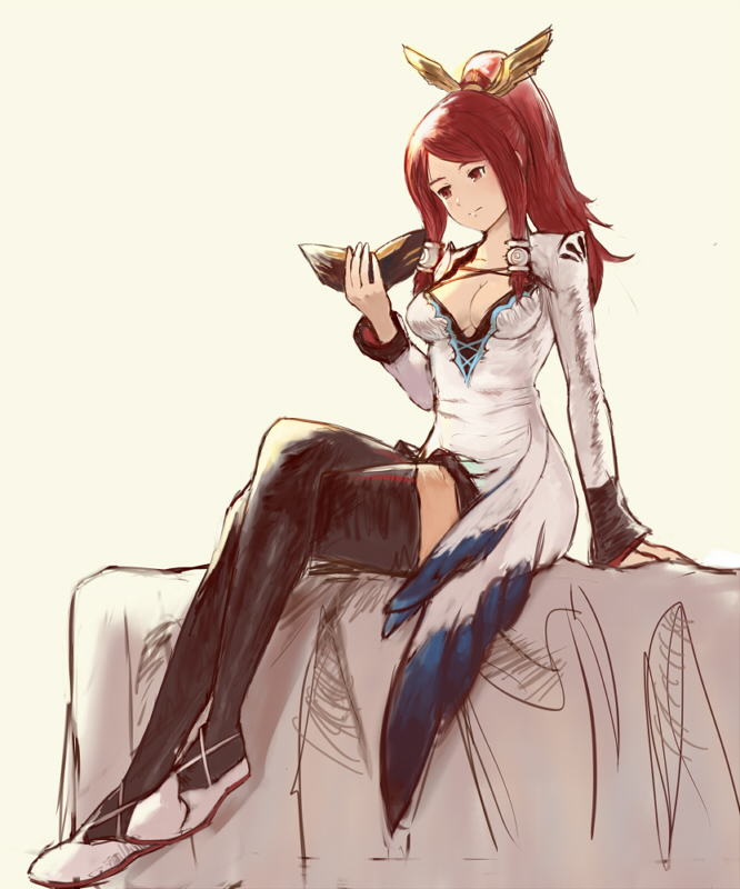 1girl arm_support blazblue breasts cleavage cosplay cross-laced_footwear crossed_legs dress female_focus hair_ornament hair_tubes holding izayoi_(blazblue) long_hair long_sleeves looking_at_hand mask ponytail quentin_lecuiller red_eyes red_hair seres_(tales) seres_(tales)_(cosplay) short_dress sitting solo tales_of_(series) tales_of_berseria thighhighs unworn_mask zettai_ryouiki