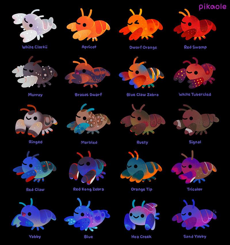 animal animal_focus artist_name black_background black_eyes commentary crayfish crustacean english_commentary english_text no_humans original pikaole simple_background smile solid_circle_eyes watermark