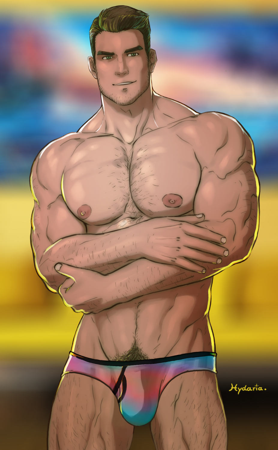 1boy artist_name bara biceps blue_eyes blurry blurry_background briefs brown_hair bulge chest_hair crossed_arms facial_hair hairy highres hydaria large_pectorals looking_to_the_side male_focus male_pubic_hair male_underwear manly mature_male multicolored_briefs multicolored_male_underwear muscular muscular_arms muscular_legs muscular_male navel navel_hair nipples original pectorals pubic_hair smirk solo stubble teeth thick_eyebrows thighs underwear