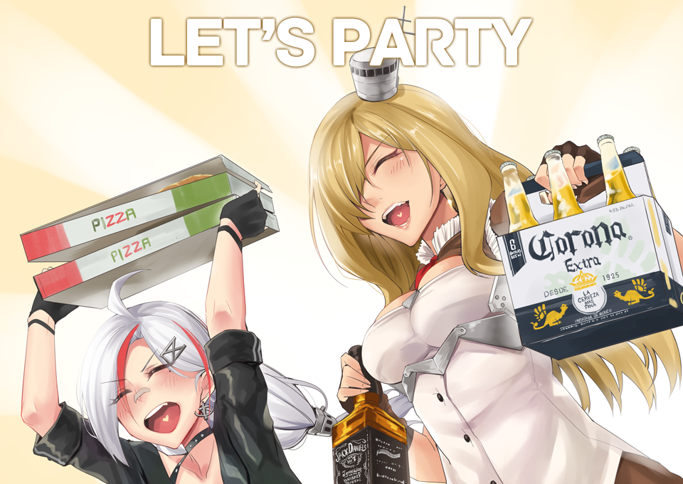 &gt;:d 2girls :d ahoge alcohol anchor_earrings arms_up azur_lane bandaid bandaid_on_face bandaid_on_nose blonde_hair blush choker closed_eyes corona_(brand) downes_(azur_lane) earrings english_text fingerless_gloves gloves hair_ornament hair_over_one_eye heart heart_in_mouth jack_daniel&#039;s jacket jewelry long_hair low-tied_long_hair low_ponytail mole mole_under_eye multicolored_hair multiple_girls nagasaki_ken_(stellar_wind) nevada_(azur_lane) off_shoulder open_clothes open_jacket open_mouth pizza_box ponytail red_hair remodel_(azur_lane) sleeves_rolled_up smile streaked_hair sunburst teeth two-tone_hair upper_body v-shaped_eyebrows white_hair yellow_background
