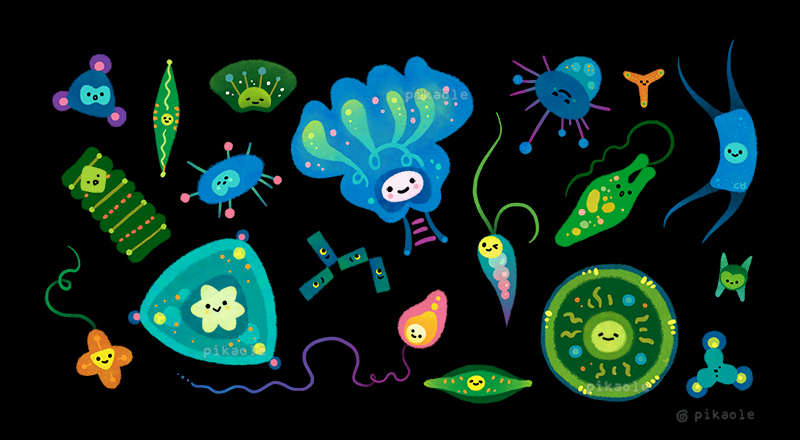 &gt;_o :&gt; :o black_background blush_stickers closed_mouth commentary_request full_body microbe no_humans one-eyed one_eye_closed original pikaole plankton protozoa simple_background smile watermark