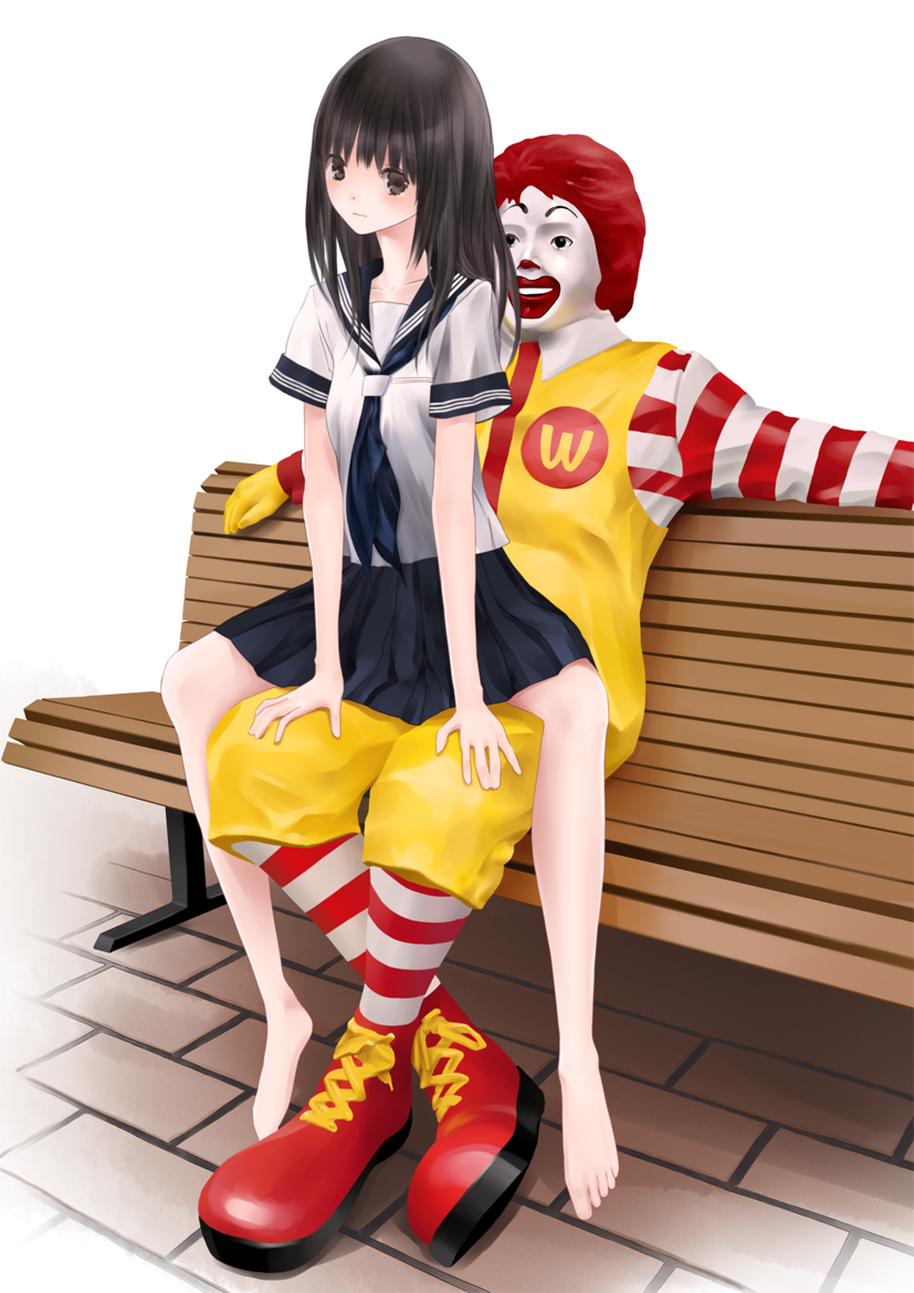 1girl bad_id bad_pixiv_id barefoot bench black_hair brown_eyes chikuwa_(glossymmmk) chikuwa_(odennabe) long_hair mcdonald&#039;s neckerchief pleated_skirt ronald_mcdonald scarf school_uniform serafuku sexually_suggestive skirt straddling