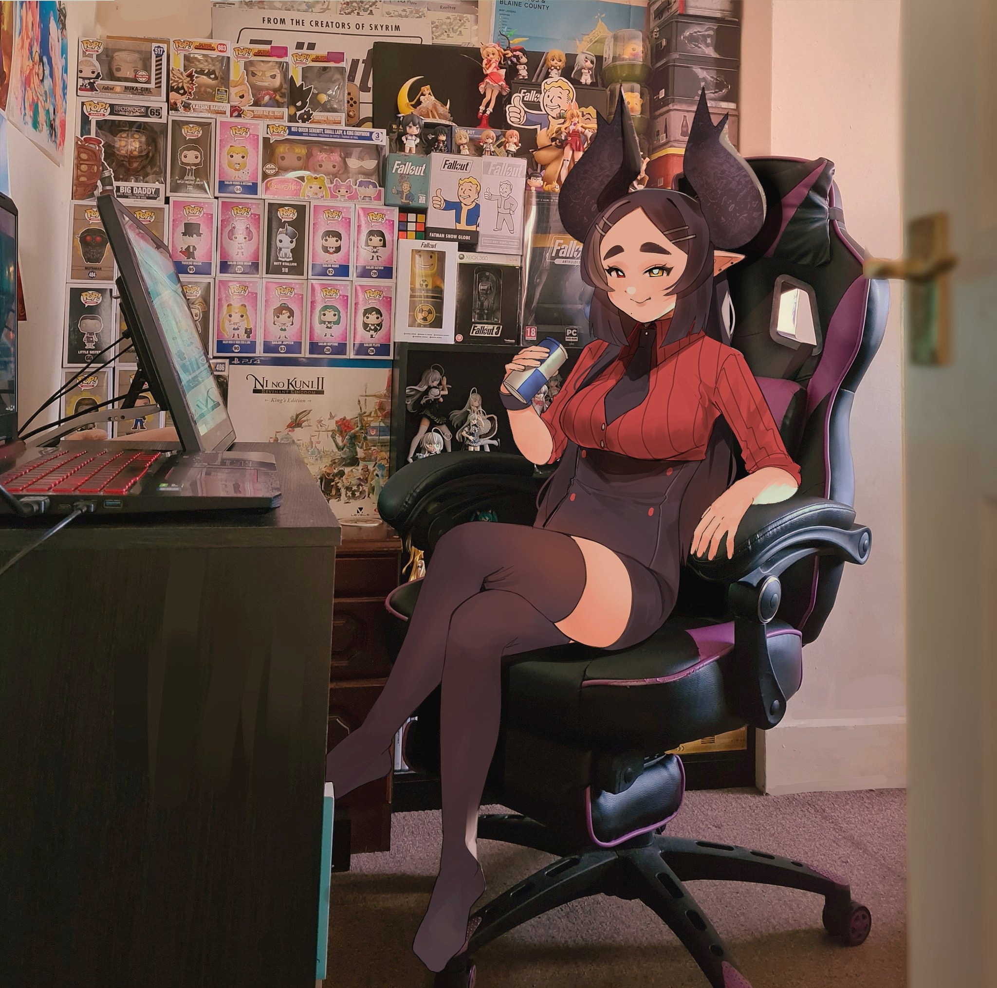 1girl bad_id bad_twitter_id bioshock_(series) bishoujo_senshi_sailor_moon breasts can commentary demon_girl dungeon_ni_deai_wo_motomeru_no_wa_machigatteiru_darou_ka ear_piercing english_commentary fallout fallout_3 heterochromia highres holding holding_can horns indie_virtual_youtuber infinite_stratos kumaartsu kumaartsu_(vtuber) medium_breasts mole mole_under_mouth ni_no_kuni_ii otaku_room photo_background piercing pointy_ears red_bull red_eyes ribbed_sweater sitting smile solo sweater tales_of_(series) tales_of_berseria the_elder_scrolls the_elder_scrolls_v:_skyrim thighhighs virtual_youtuber yellow_eyes
