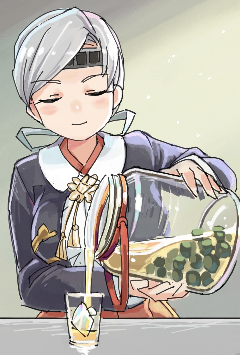 1girl alcohol asymmetrical_hair blazer blouse chitose_(kancolle) closed_eyes cowboy_shot glass green_background grey_hair hair_ribbon hakama headband highres holding holding_jar jacket japanese_clothes jar kantai_collection liquor mizoki_kei plum ribbon shirt smile tassel umeshu