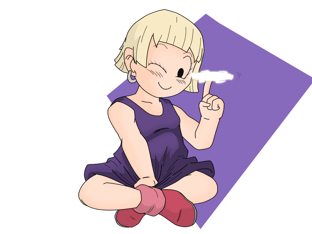 1girl black_eyes blonde_hair blush crossed_legs dragon_ball dragon_ball_super happy kienzan looking_at_viewer marron_(dragon_ball) smile solo