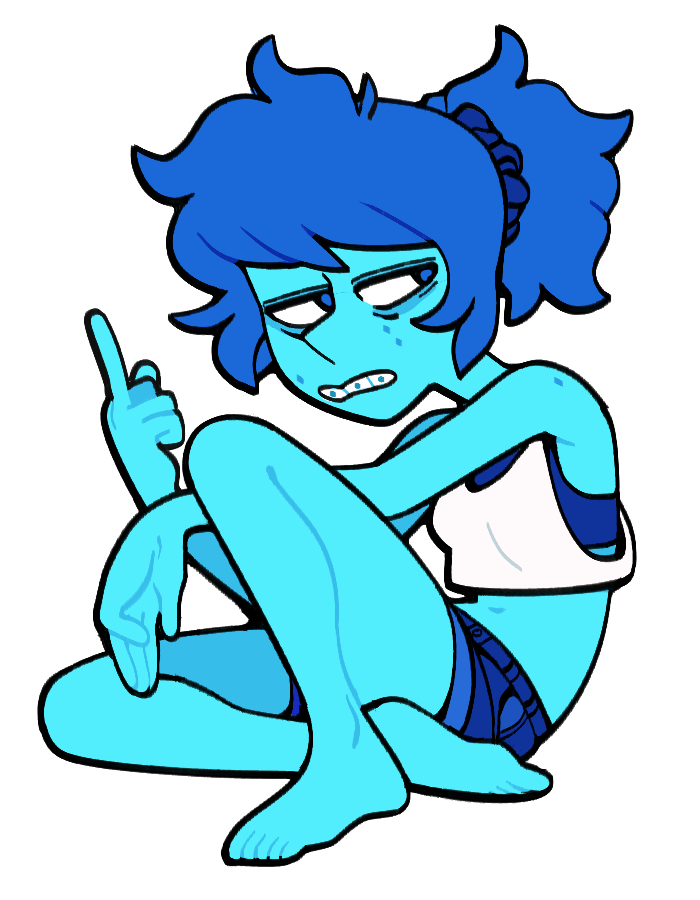 1girl aged_down alternate_costume barefoot blue_eyes blue_hair blue_skin colored_skin crop_top denim denim_shorts discount-supervillain gem_(steven_universe) lapis_lazuli_(steven_universe) pimple shorts solo sports_bra steven_universe