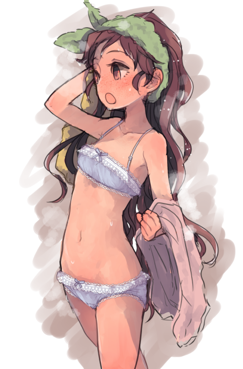 1girl arm_up blue_bra blue_panties bow bow_bra bow_panties bra brown_eyes brown_hair cowboy_shot female_focus groin hand_in_own_hair isuzu_(log_horizon) log_horizon long_hair mo_(deciliter) navel open_mouth panties sketch solo standing towel towel_on_head underwear underwear_only very_long_hair wet white_background