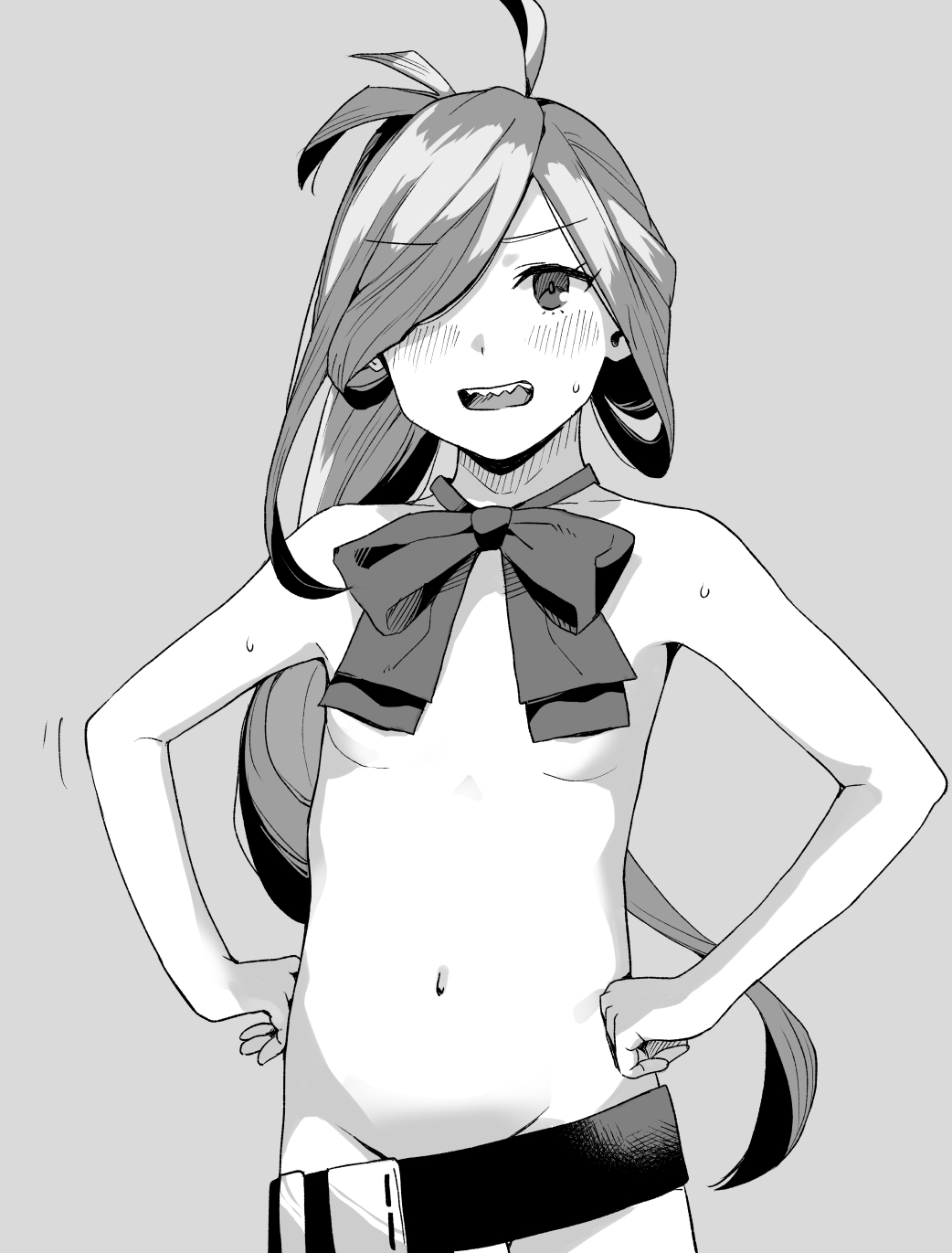 1girl asashimo_(kancolle) belt blush bow bowtie breasts convenient_censoring greyscale hair_over_one_eye hands_on_own_hips highres kantai_collection long_hair makio_(makiomeigenbot) monochrome nude open_mouth ponytail sharp_teeth simple_background small_breasts solo sweat teeth upper_body very_long_hair