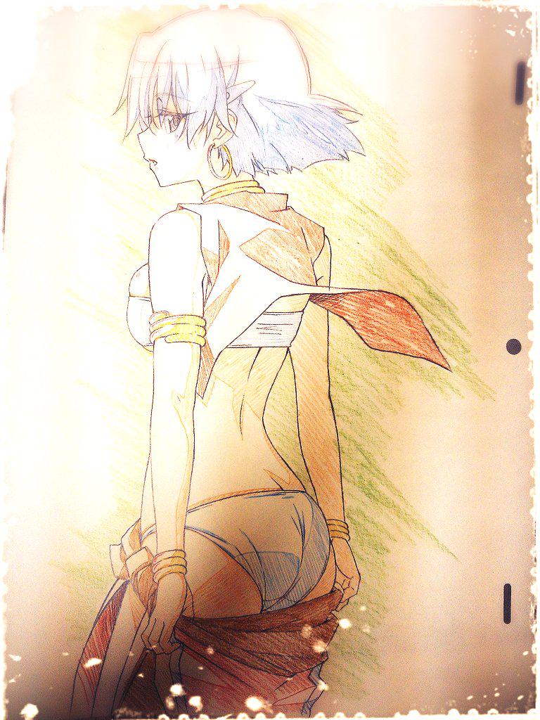 1girl animation_paper armlet ass bandeau bare_back bare_shoulders bob_cut bracelet breasts clothes_lift clothes_pull colored_pencil_(medium) commentary cowboy_shot cropped_vest crosshatching earrings film_grain from_behind from_side fushigi_no_umi_no_nadia gold_bracelet hair_between_eyes hair_ornament hairclip hatching_(texture) hoop_earrings ink_(medium) jewelry koseki_masaru looking_back looking_to_the_side medium_breasts nadia_la_arwall neck_ring open_clothes open_vest panties paper paper_texture parted_lips pelvic_curtain pulling_own_clothes purple_hair red_skirt red_vest short_hair skindentation skirt skirt_pull solo standing traditional_media underwear vest white_bandeau white_panties wind