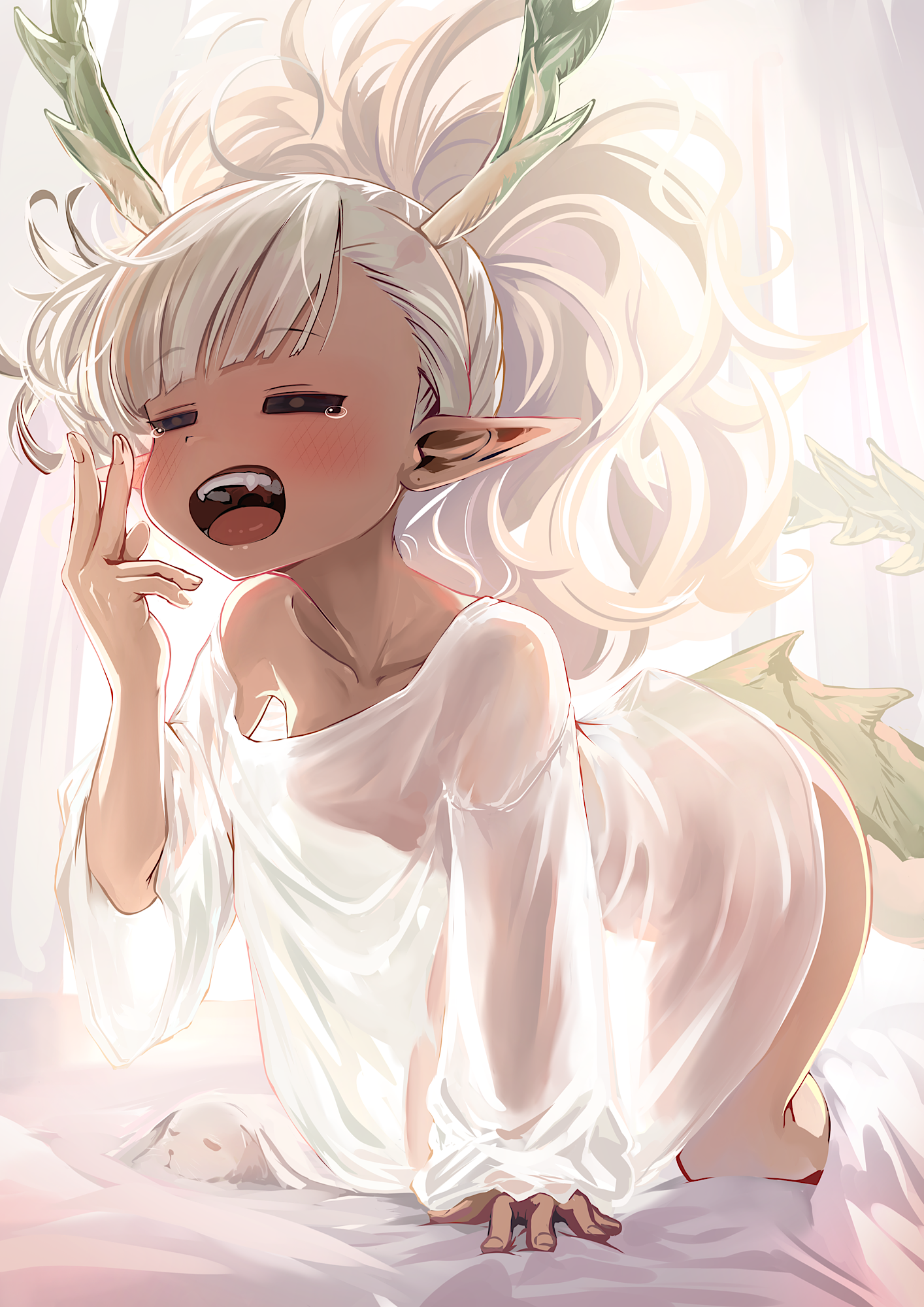 1girl all_fours breasts dragon_girl dragon_horns dragon_tail highres horns indie_virtual_youtuber kajimakoto light_blush long_hair nightgown open_mouth petite pointy_ears ponytail shinrin_mocha small_breasts solo tail virtual_youtuber white_hair white_nightgown white_rabbit_(animal) yawning