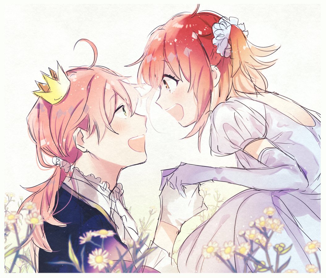 1boy 1girl ahoge alternate_costume blush fate/grand_order fate_(series) fujimaru_ritsuka_(female) gloves green_eyes hair_between_eyes hair_ornament hair_scrunchie long_hair long_sleeves open_mouth orange_hair ponytail romani_archaman scrunchie side_ponytail smile wani_(mezo) white_gloves