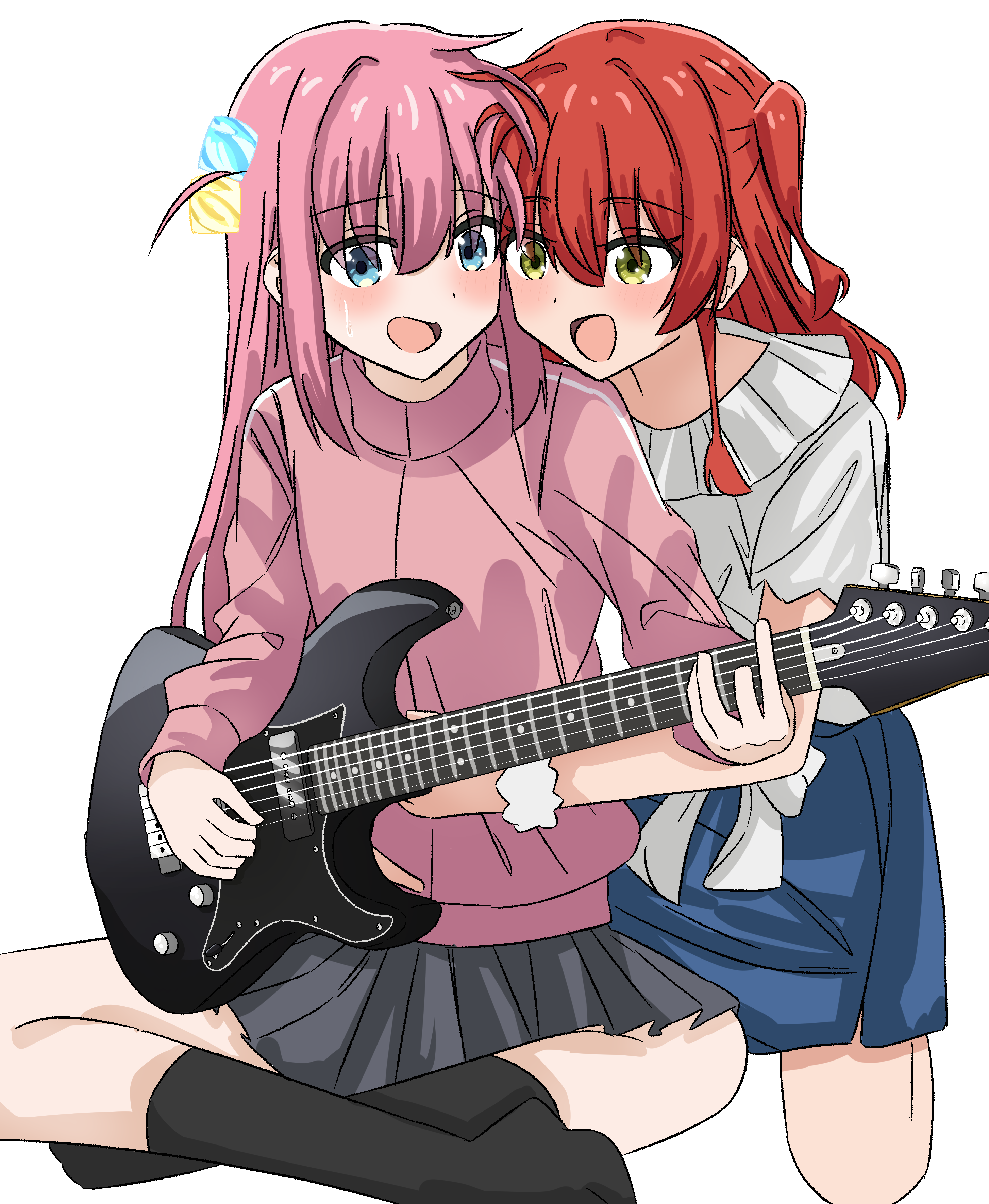 2girls absurdres black_skirt black_socks blue_eyes blue_skirt blush bocchi_the_rock! commentary cube_hair_ornament electric_guitar gotoh_hitori green_eyes guitar hair_ornament highres hug hug_from_behind instrument jacket kita_ikuyo long_hair long_sleeves multiple_girls one_side_up open_mouth pink_hair pink_jacket playing_guitar pleated_skirt red_hair ryoo_0526 scrunchie shirt short_sleeves simple_background skirt socks sweat white_background white_shirt wrist_scrunchie yamaha_pacifica yuri