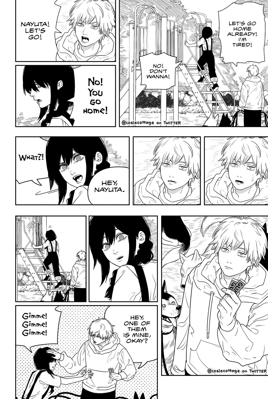 1boy 1girl black_hair braid braided_ponytail chainsaw_man chewing_gum comic cosiecottage denji_(chainsaw_man) greyscale hair_between_eyes hair_over_shoulder hand_on_another&#039;s_head highres holding holding_leash hood hoodie husky leash looking_at_another medium_hair monochrome nayuta_(chainsaw_man) open_mouth overalls playground ringed_eyes short_hair sidelocks slide speech_bubble sweatdrop twitter_username