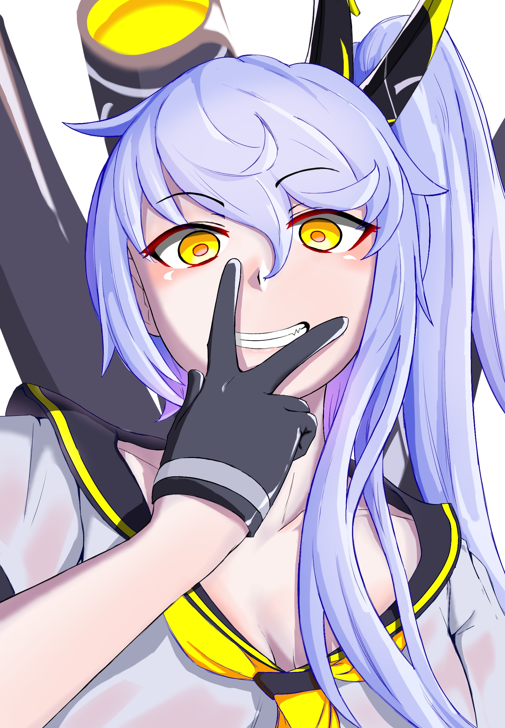 1girl azur_lane black_gloves black_sailor_collar blush gloves grin hair_between_eyes hand_over_face hand_up highres long_hair looking_at_viewer nayutadaze neckerchief ponytail purifier_(azur_lane) purple_hair rigging sailor_collar school_uniform serafuku shirt siren_(azur_lane) smile solo upper_body very_long_hair white_serafuku white_shirt yellow_eyes yellow_neckerchief