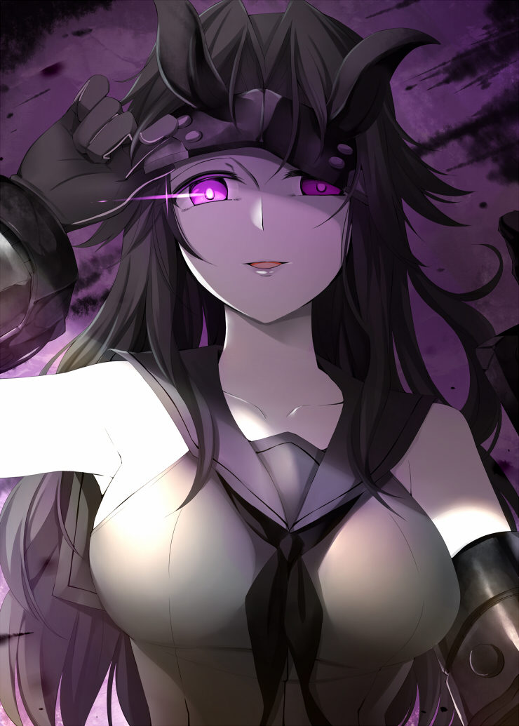 10s 1girl abyssal_ship black_hair breasts commentary_request female_focus gloves horns kantai_collection large_breasts light_cruiser_princess long_hair looking_at_viewer mask mask_up open_mouth pale_skin purple_eyes revision rui_shi_(rayze_ray) school_uniform serafuku smile solo upper_body