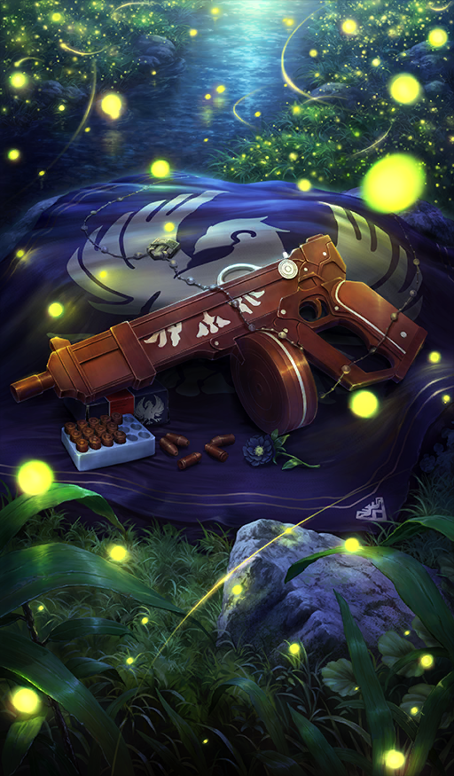 blue_flower bug bullet chocolate chocolate_river_no_sono_saki_ni commentary_request fate/grand_order fate_(series) firefly flower flower_request food food_art food_focus grass gun insect light_trail night no_humans official_art oosawa_tomokazu still_life stream third-party_source weapon weapon_request