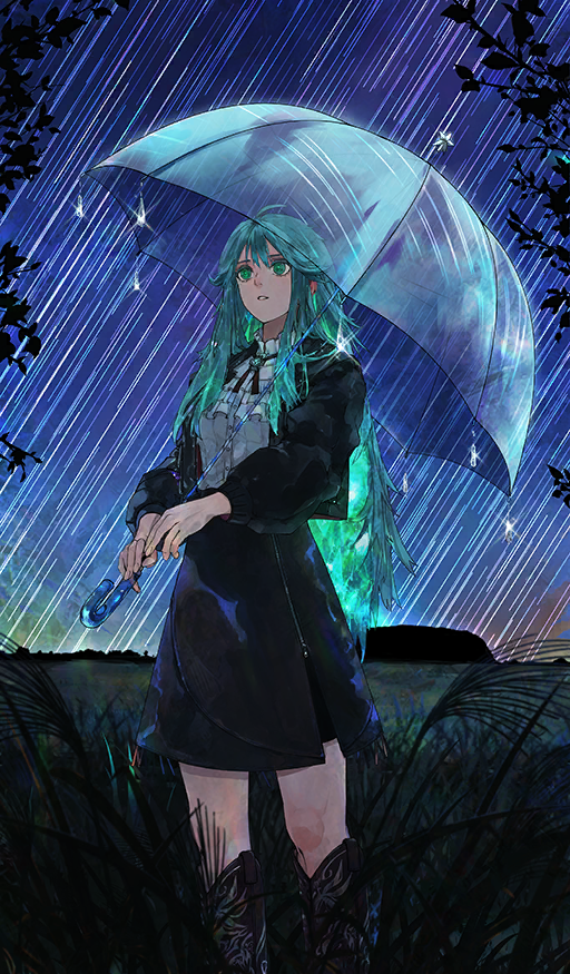 1girl ahoge ascot black_jacket black_ribbon black_skirt brooch colored_inner_hair cowboy_shot double-parted_bangs dress_shirt fate/grand_order fate_(series) frilled_shirt_collar frills glint grass green_eyes green_hair hair_between_eyes holding holding_umbrella jacket jewelry kukulkan_(fate) kukulkan_(ref-rain)_(fate) long_hair long_sleeves looking_up medium_skirt meteor_shower multicolored_hair neck_ribbon neko_no_kedama night official_art open_clothes open_jacket outdoors parted_lips reeds ribbon shirt skirt solo standing star_trail textless_version too_literal transparent transparent_umbrella tree umbrella white_ascot white_shirt
