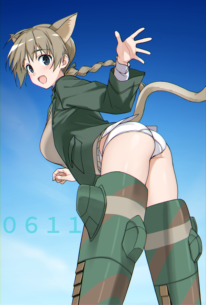 1girl animal_ears ass blue_eyes blue_sky braid breasts brown_hair cat_ears cat_girl cat_tail commentary_request flying hatakenaka_(kamagabuchi) jacket large_breasts long_hair looking_at_viewer lynette_bishop panties sky smile solo strike_witches striker_unit sweater tail underwear waving wedgie white_panties world_witches_series