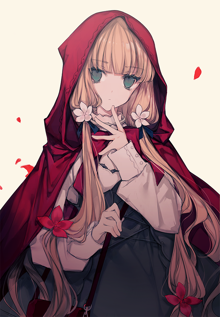 1girl black_dress blunt_bangs cierra_(ra-bit) coat dress expressionless green_eyes little_red_riding_hood_(fairy_tale) little_red_riding_hood_(fairy_tale_character) long_hair non-web_source red_coat twintails