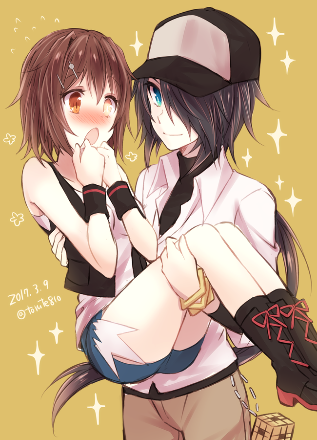 2017 2girls :o artist_name bangle bare_shoulders black_footwear black_hair black_vest blue_eyes blush boots bracelet breasts bright_pupils brown_eyes brown_hair brown_pants carrying closed_mouth collarbone collared_shirt cosplay cowboy_shot cube dated denim denim_shorts flower furutaka_(kancolle) hair_ornament hair_over_one_eye hairclip hands_on_own_face heterochromia hilda_(pokemon) hilda_(pokemon)_(cosplay) jewelry kabocha_torute kako_(kancolle) kantai_collection knee_boots long_hair long_sleeves low_ponytail medium_breasts multiple_girls n_(pokemon) n_(pokemon)_(cosplay) nintendo nose_blush open_clothes open_mouth open_vest pants pokemon pokemon_bw ponytail princess_carry red_ribbon ribbon shirt short_hair short_shorts shorts simple_background smile sparkle standing sweatband tank_top thighs twitter_username vest white_shirt wing_collar yellow_background yellow_eyes yuri