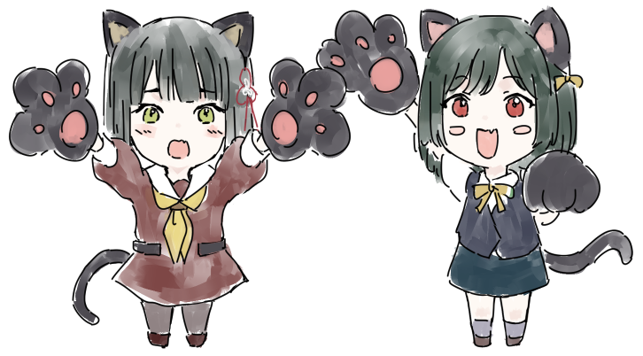 2girls :d animal_ears animal_hands arms_up black_gloves black_hair black_pantyhose black_socks black_vest blue_skirt blunt_bangs blush blush_stickers bob_cut brown_dress brown_shoes chibi chibi_only collared_shirt commentary_request dress dress_shirt embarrassed fang flower flower_knot fox_ears full_body gloves green_eyes green_hair hair_flower hair_ornament hair_ribbon hasu_no_sora_school_uniform link!_like!_love_live! long_sleeves love_live! love_live!_nijigasaki_high_school_idol_club mifune_shioriko miniskirt momose_ginko multiple_girls neck_ribbon neckerchief nijigasaki_school_uniform open_mouth pantyhose paw_gloves red_eyes ribbon sailor_collar sailor_dress school_uniform shirt shoes short_hair simple_background skin_fang skirt smile socks standing summer_uniform swept_bangs trait_connection vest white_background white_sailor_collar white_shirt winter_uniform yellow_neckerchief yellow_ribbon yoruneko_yashiro