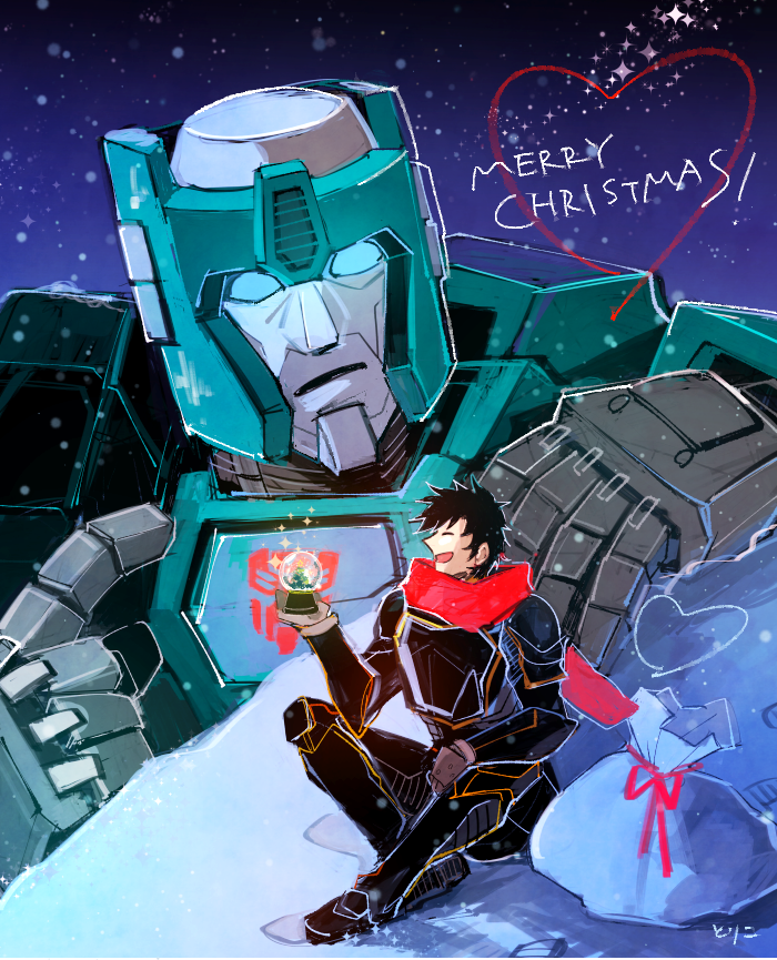 1980s_(style) 2boys ^_^ autobot black_hair blue_eyes character_request christmas closed_eyes gift gloves glowing glowing_eyes happy height_difference holding holding_snow_globe insignia kup_(transformers) mecha merry_christmas multiple_boys oldschool open_mouth retro_artstyle robot sack short_hair smile snow snow_globe snowflakes snowing standing toriko_(hogetara) transformers upper_body