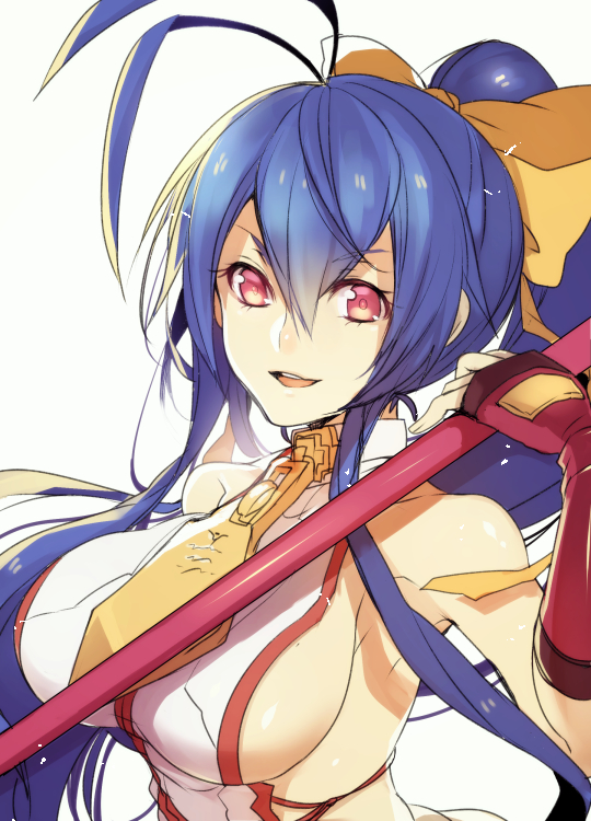 1girl antenna_hair bare_shoulders blazblue blazblue:_central_fiction blazblue_variable_heart blue_hair bow breasts female_focus fingerless_gloves genderswap genderswap_(mtf) gloves hair_between_eyes hair_bow hair_ribbon holding holding_weapon large_breasts long_hair mai_natsume polearm ponytail purple_eyes red_gloves ribbon sideboob sidelocks smile solo spear uzukinoko very_long_hair weapon yellow_bow