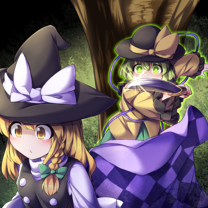2girls assassination aura blonde_hair blouse bow braid clueless dagger fun_bo glint glowing green_eyes green_hair hat hat_bow japanese_urban_legends kirisame_marisa knife komeiji_koishi long_hair multiple_girls nimble_fabric parody reverse_grip shirt short_hair side_braid single_braid skirt touhou tree turtleneck vest weapon witch_hat yellow_eyes yu-gi-oh!