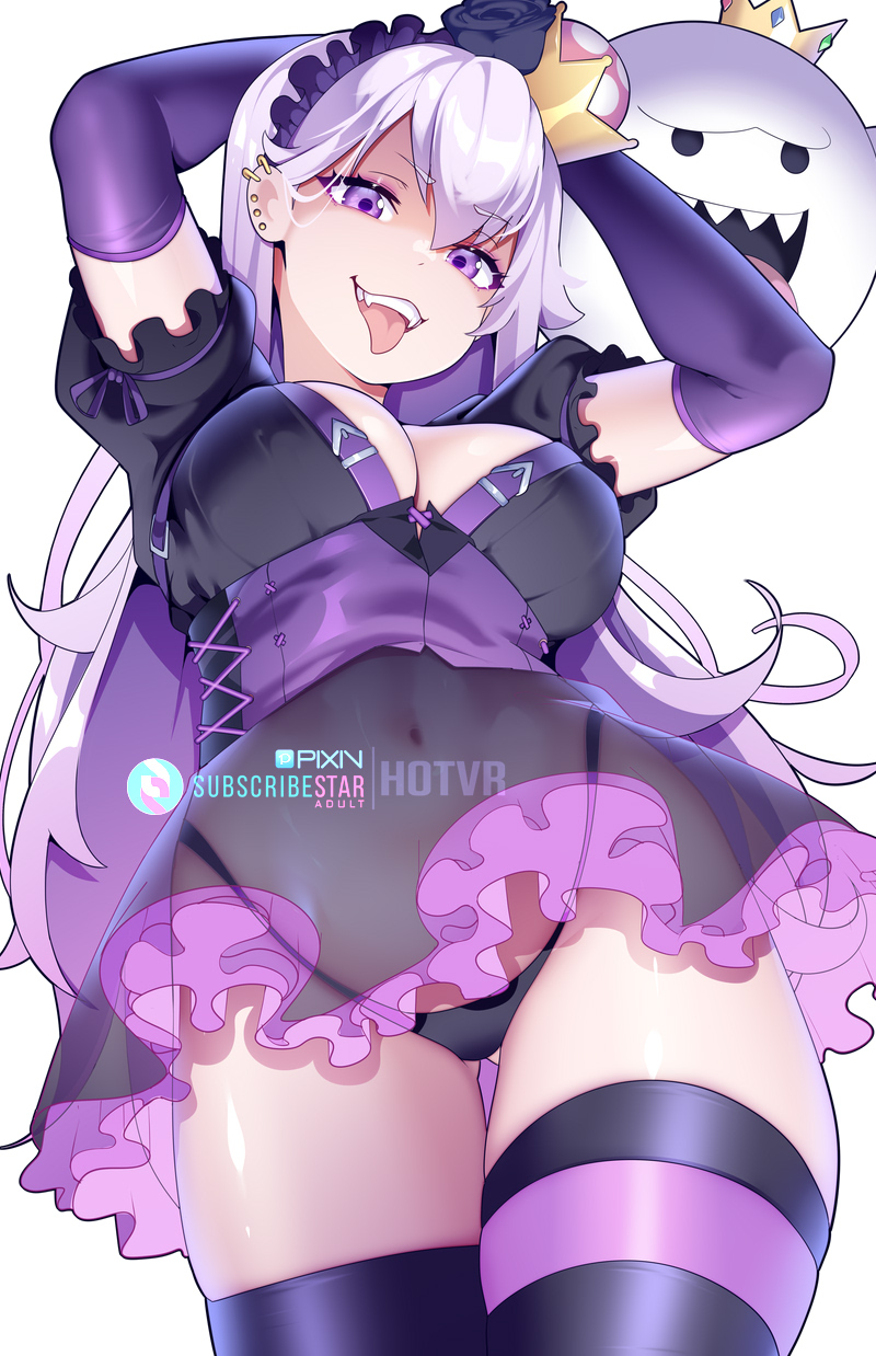 1girl black_panties boo_(mario) breasts cleavage commentary elbow_gloves english_commentary fangs gloves goth_fashion highres hot_vr large_breasts long_hair looking_at_viewer mario_(series) navel new_super_mario_bros._u_deluxe nintendo open_mouth panties princess_king_boo purple_eyes purple_gloves rincess_king_boo simple_background smile solo striped_clothes striped_thighhighs super_crown teeth thighhighs thighs tongue tongue_out underwear upper_teeth_only white_background white_hair
