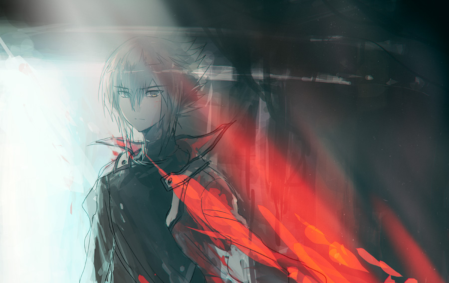 1boy black_shirt brown_eyes brown_hair building cable dappled_sunlight facing_viewer in_shadow jacket jacket_on_shoulders light_rays looking_at_viewer male_focus moribuden open_clothes open_jacket outdoors red_jacket shirt sunlight wire yu-gi-oh! yu-gi-oh!_gx yuki_judai