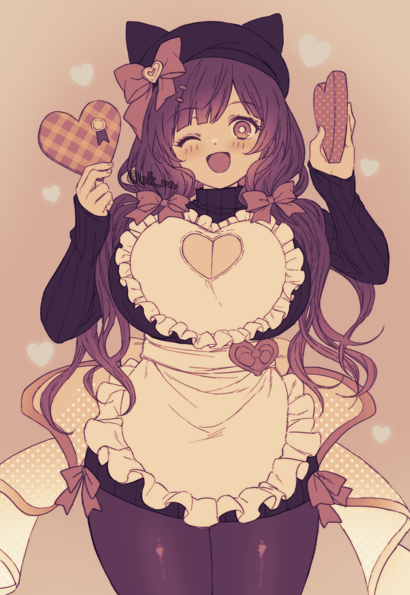 1girl apron black_sweater blush bow breasts chocolate cleavage cleavage_cutout clothing_cutout cosplay ekra food granblue_fantasy hair_bow hair_ornament hairclip heart highres holding holding_chocolate holding_food large_breasts long_hair maid_apron monochrome narmaya_(granblue_fantasy) narmaya_(granblue_fantasy)_(cosplay) narmaya_(valentine)_(granblue_fantasy) one_eye_closed pantyhose raziel_(granblue_fantasy) smile solo sweater turtleneck turtleneck_sweater