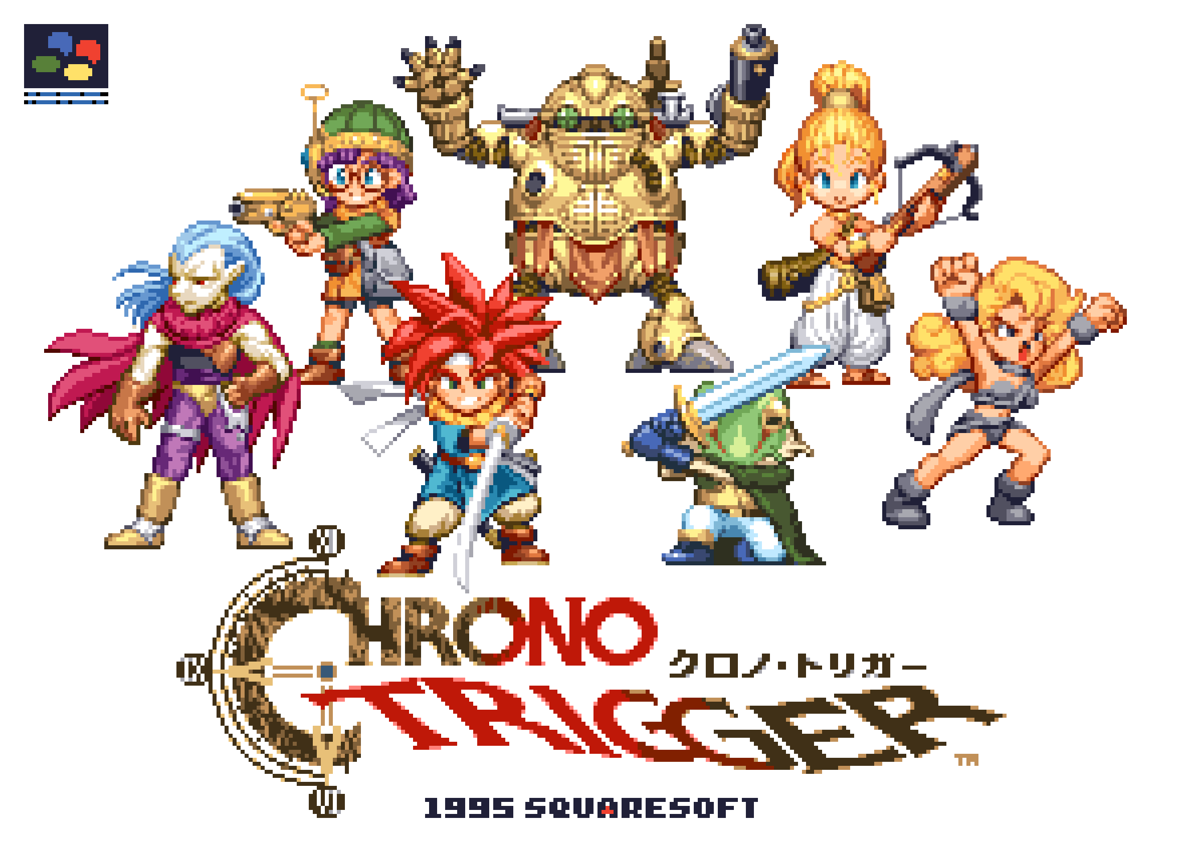 1other 3boys 3girls arm_cannon armor arms_up ayla_(chrono_trigger) bag belt belt_buckle bike_shorts black_gloves blue_eyes blue_hair blue_shoes blue_tunic boots bow_(weapon) brown_bag brown_belt brown_boots brown_gloves brown_hair brown_shoes buckle cape caveman chrono_trigger clenched_teeth colored_skin commentary copyright_name crono_(chrono_trigger) crossbow curly_hair fighting_stance frog_(chrono_trigger) frog_boy fur_(clothing) glasses gloves green_cape green_eyes green_skin gun hand_on_own_hip handgun harem_pants headband helmet high_ponytail highres holding holding_crossbow holding_gun holding_sword holding_weapon horizontal_pupils katana kneeling long_hair long_sleeves looking_at_viewer lucca_ashtear magus_(chrono_trigger) marle_(chrono_trigger) midriff multiple_boys multiple_girls navel open_mouth pants pixel_art pixelflag pointy_ears ponytail purple_hair purple_pants radio_antenna red_cape red_eyes red_hair robo_(chrono_trigger) robot scabbard sheath shoes short_hair shoulder_bag simple_background skirt sleeveless smile spiked_hair sword teeth thigh_strap tunic v-shaped_eyebrows waist_bag weapon white_background white_headband white_pants widow&#039;s_peak wristband yellow_eyes