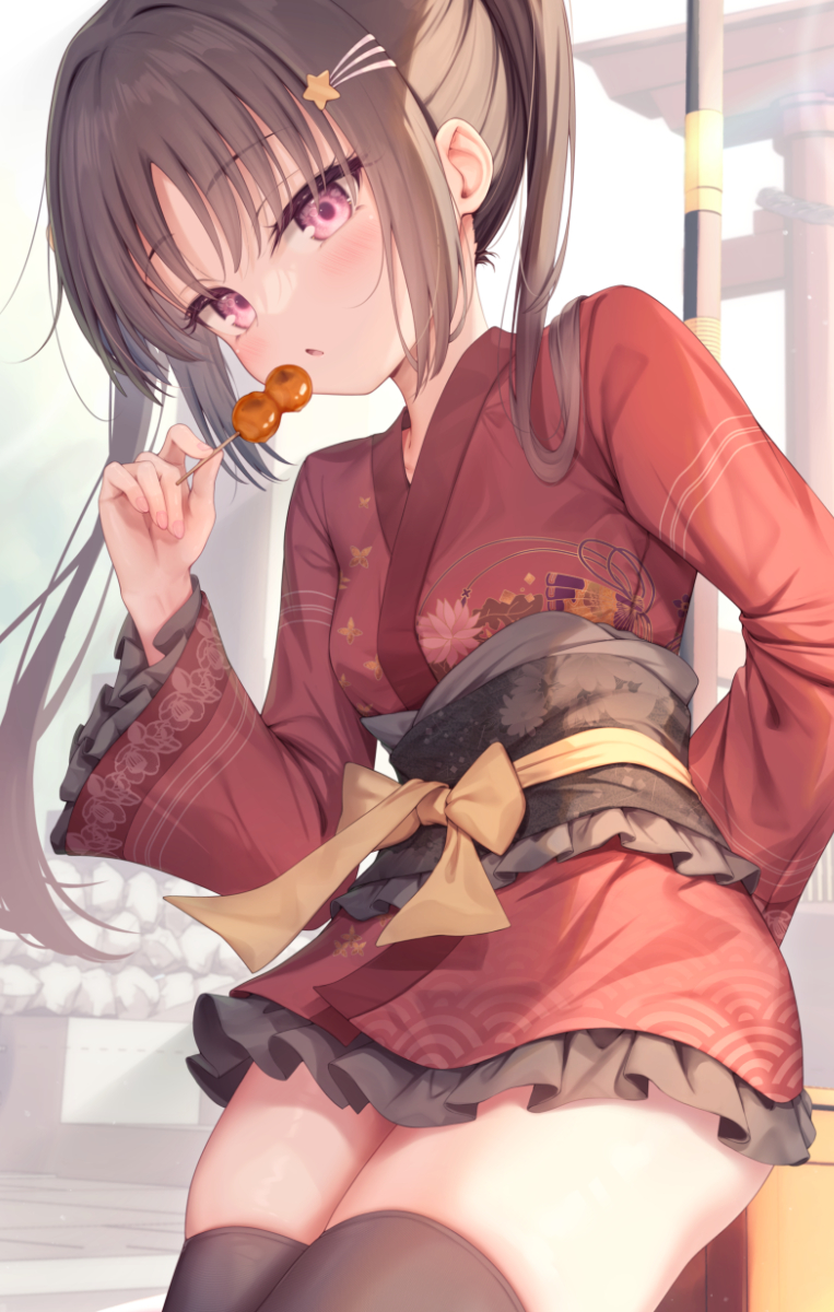 1girl arata_(xin) black_thighhighs brown_hair commentary_request cowboy_shot dango food highres japanese_clothes kimono long_hair long_sleeves looking_at_viewer mitarashi_dango original pink_eyes print_kimono red_kimono short_kimono solo standing thighhighs thighs wagashi wide_sleeves
