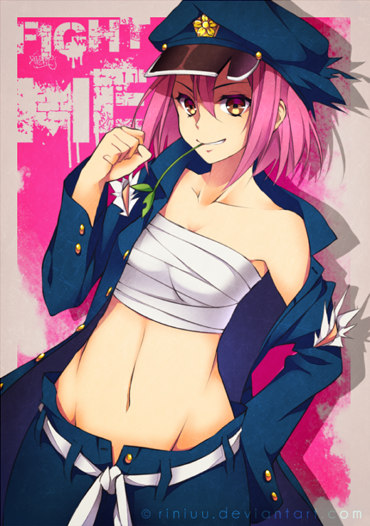 10s 1girl bad_deviantart_id bad_id banchou binbougami_ga! chest_sarashi delinquent female_focus hat mouth_hold navel pink_hair rindou_ranmaru riniuu sarashi short_hair solo straw_(stalk) tomboy torn_clothes watermark web_address yellow_eyes
