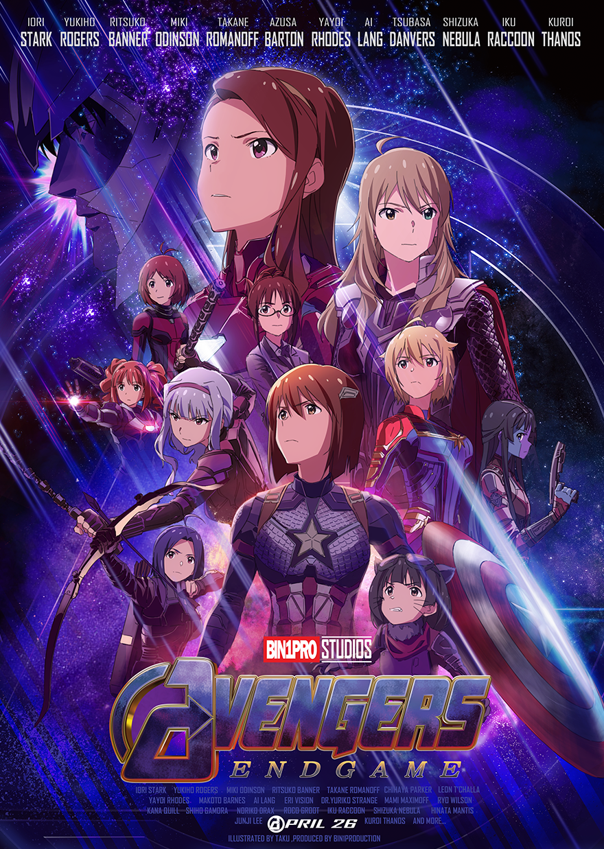 10s 6+girls ahoge akizuki_ritsuko animal_ears annotated ant-man ant-man_(cosplay) armor avengers:_endgame avengers_(series) baton bin1production black_widow black_widow_(cosplay) blonde_hair blue_bodysuit bodysuit bow_(weapon) brown_eyes brown_hair bruce_banner bruce_banner_(cosplay) cape captain_america captain_america_(cosplay) captain_marvel captain_marvel_(cosplay) character_name closed_mouth cosplay cover dated dress_shirt fake_cover formal_clothes frown glasses green_eyes hagiwara_yukiho hair_bun hair_ornament hairclip hawkeye_(marvel) hawkeye_(marvel)_(cosplay) helmet heterochromia hidaka_ai highres holding holding_bow_(weapon) holding_weapon hoshii_miki ibuki_tsubasa idolmaster idolmaster_(classic) idolmaster_million_live! iron_man iron_man_(cosplay) jacket kuroi_takao logo_parody long_hair long_sleeves looking_to_the_side marvel marvel_cinematic_universe messy_hair minase_iori miura_azusa multicolored_bodysuit multiple_girls nakatani_iku nebula_(gotg) nebula_(gotg)_(cosplay) parody poster_(medium) raccoon_ears red_bodysuit red_cape red_eyes rocket_raccoon rocket_raccoon_(cosplay) shijou_takane shirt short_hair single_hair_bun smile standing star_(symbol) star_symbol_background suit swept_bangs taku1122 thanos thanos_(cosplay) thor_(marvel) thor_(marvel)_(cosplay) title_parody twintails war_machine war_machine_(cosplay) weapon