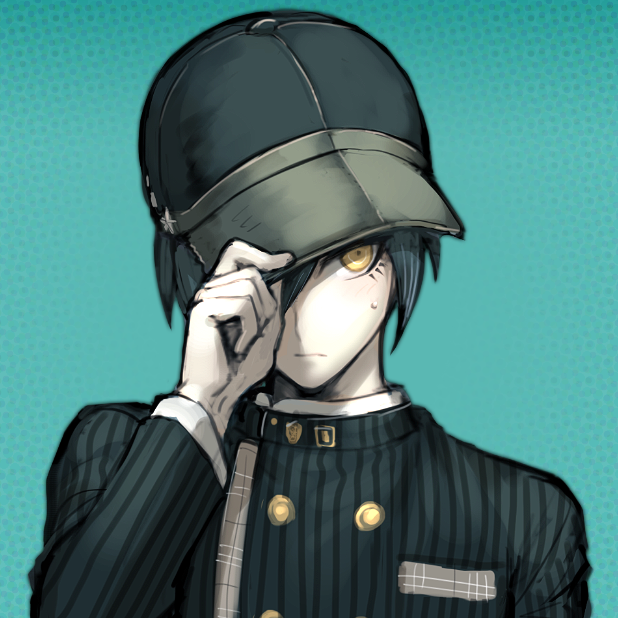 1boy aqua_background black_jacket closed_mouth danganronpa_(series) danganronpa_v3:_killing_harmony hair_between_eyes hand_on_headwear hat itsuki_(nightlight) jacket long_sleeves male_focus saihara_shuichi simple_background solo striped_clothes striped_jacket sweat upper_body yellow_eyes