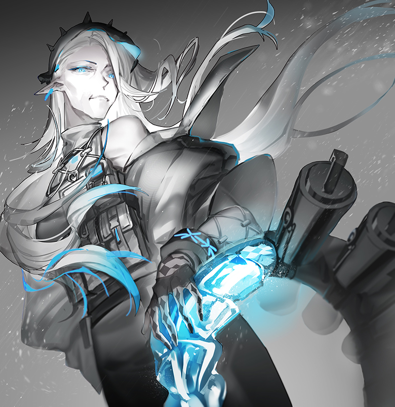 1girl aqua_eyes aqua_hair arknights bare_shoulders black_gloves colored_skin colored_tips detached_sleeves fingerless_gloves gloves glowing glowing_eyes grey_hair hair_over_one_eye infection_monitor_(arknights) jacket long_hair looking_at_viewer mantra_(arknights) mizukai multicolored_hair old old_woman pale_skin pointy_ears simple_background snake_girl snake_tail solo tail two-tone_hair upper_body very_long_hair white_background white_skin