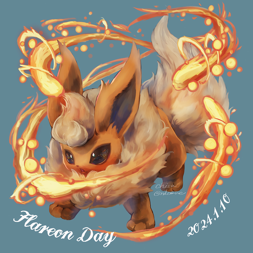 animal_focus blush brown_eyes commentary dated fire flareon gen_1_pokemon green_background momomo12 nintendo no_humans open_mouth pokemon pokemon_(creature) simple_background solo twitter_username