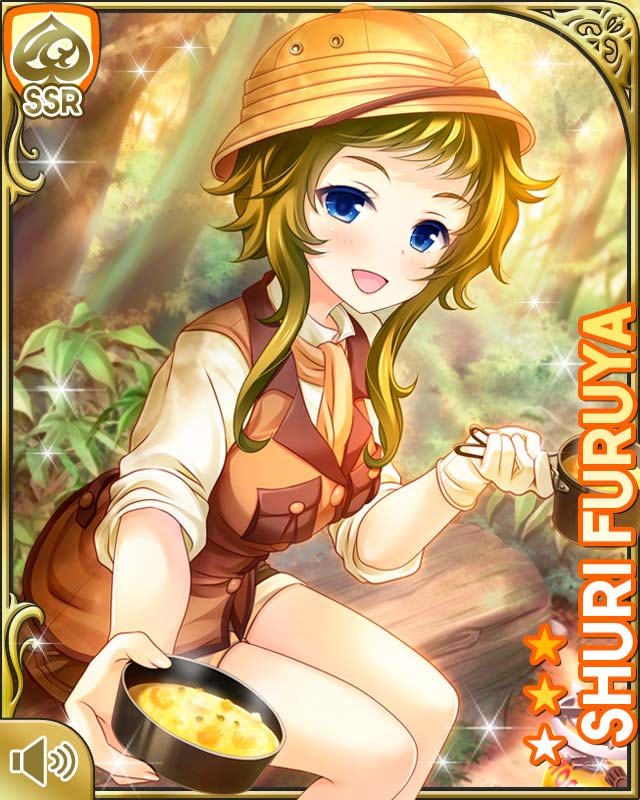 1girl blue_eyes brown_headwear brown_neckwear brown_shorts brown_vest card character_name day forest furuya_shuri girlfriend_(kari) green_hair log long_bangs nature official_art open_mouth outdoors pocket qp:flapper shirt short_hair shorts sitting smile sunset tagme vest white_shirt