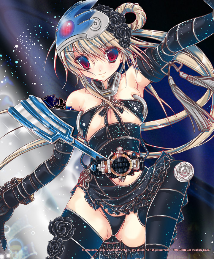 1girl bad_id bad_pixiv_id bare_shoulders belt bikini bikini_bottom_only brown_hair elbow_gloves female_focus gloves kamen_rider kamen_rider_fourze_(series) kamen_rider_meteor mask red_eyes shisaki_tayu solo swimsuit thighhighs
