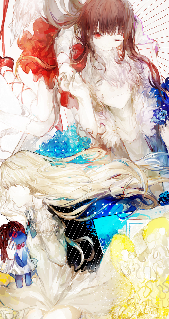 1boy 2girls angel_wings black_coat blonde_hair blue_bow blue_bowtie blue_flower blue_rose bow bowtie brown_hair buttons child chin_rest closed_mouth coat collared_shirt cowboy_shot doll doll_(ib) dress feathered_wings feet_out_of_frame floating_clothes floating_hair flower frilled_sleeves frills fur-trimmed_coat fur_trim garry_(ib) grey_eyes grey_hair grey_shirt hair_over_one_eye hand_in_own_hair head_on_head head_rest highres holding holding_doll holding_hands ib_(ib) ib_(kouri) juexing_(moemoe3345) kneehighs leg_ribbon long_hair long_sleeves mary_(ib) mary_janes miniskirt multiple_girls one_eye_closed open_clothes open_coat painting_(object) picture_frame pleated_skirt red_bow red_bowtie red_eyes red_ribbon red_shoes red_skirt ribbon rose shirt shoes sidelocks skirt sleeve_cuffs smile socks very_long_hair white_background white_dress white_shirt white_socks white_wings wings yellow_flower yellow_rose