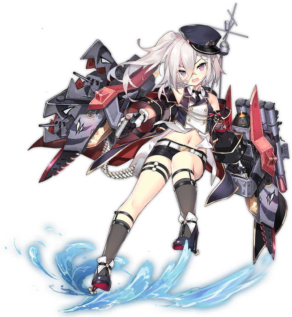 1girl anchor azur_lane bare_shoulders beret black_legwear black_shorts cannon full_body gloves hair_between_eyes hat looking_at_viewer machinery navel official_art open_mouth purple_eyes remodel_(azur_lane) rigging saru ship_turret shorts silver_hair torpedo transparent_background white_gloves z1_leberecht_maass_(azur_lane) z1_leberecht_maass_(retrofit)_(azur_lane)
