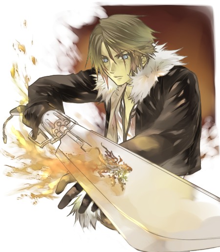 1boy black_gloves black_jacket blue_eyes brown_hair commentary_request cropped_jacket dated_commentary fighting_stance final_fantasy final_fantasy_viii fire foreshortening fur-trimmed_jacket fur_trim gloves gunblade hands_up hinokami holding holding_weapon jacket long_sleeves male_focus open_clothes open_jacket pyrokinesis scar scar_on_face serious shirt short_hair solo squall_leonhart upper_body v-neck weapon white_fur white_shirt