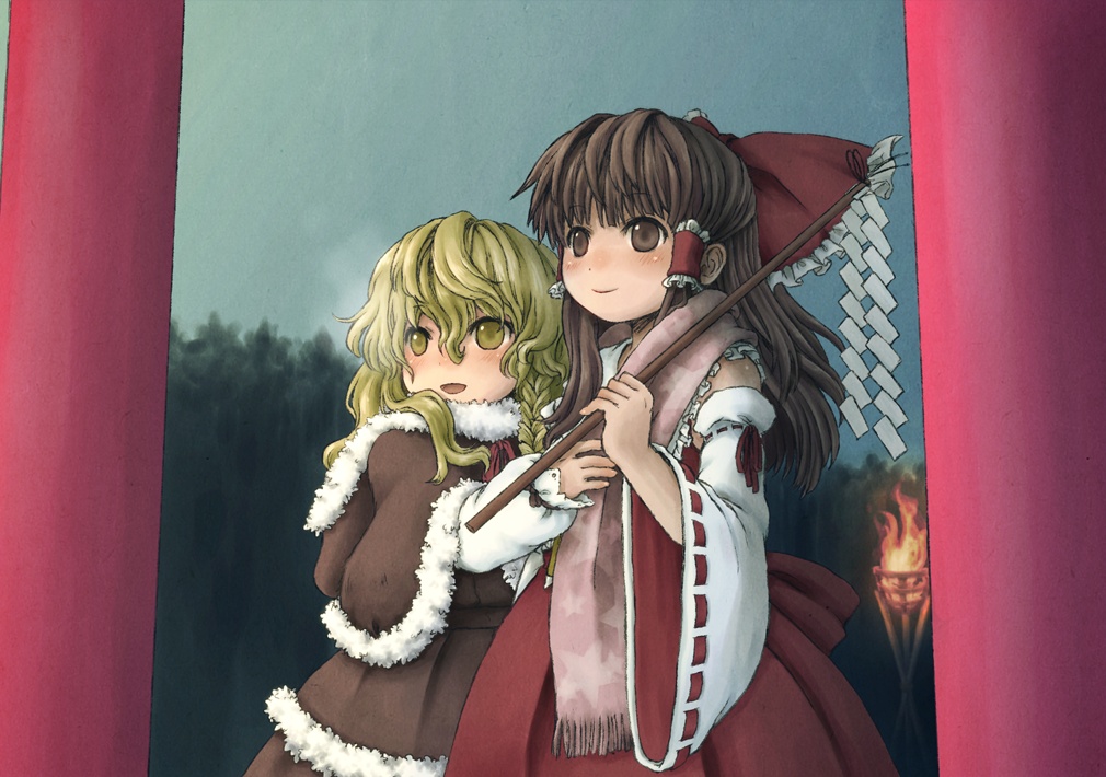 2girls blonde_hair bow braid brown_eyes brown_hair detached_sleeves fire fluff hair_bow hair_tubes hakurei_reimu karioda kirisame_marisa long_hair multiple_girls scarf torch torii touhou yellow_eyes