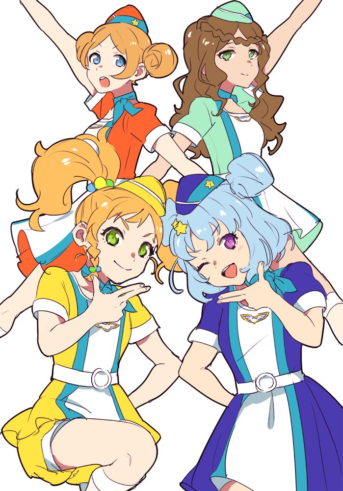 4girls ;d aikatsu!_(series) aikatsu_stars! akashi_saya arm_up bad_id bad_twitter_id belt blonde_hair blue_dress blue_eyes blue_hair blue_hat braid brown_hair double_bun dress green_eyes hair_bobbles hair_bun hair_ornament hand_up haruka_ruka hat katsura_miki_(aikatsu!) long_hair looking_at_viewer multiple_girls nikaido_yuzu one_eye_closed open_mouth orange_dress orange_hair orange_hat outstretched_arm purple_eyes shiontaso short_hair short_sleeves side_braid simple_background smile standing standing_on_one_leg twintails waitress white_background white_belt yellow_dress yellow_hat