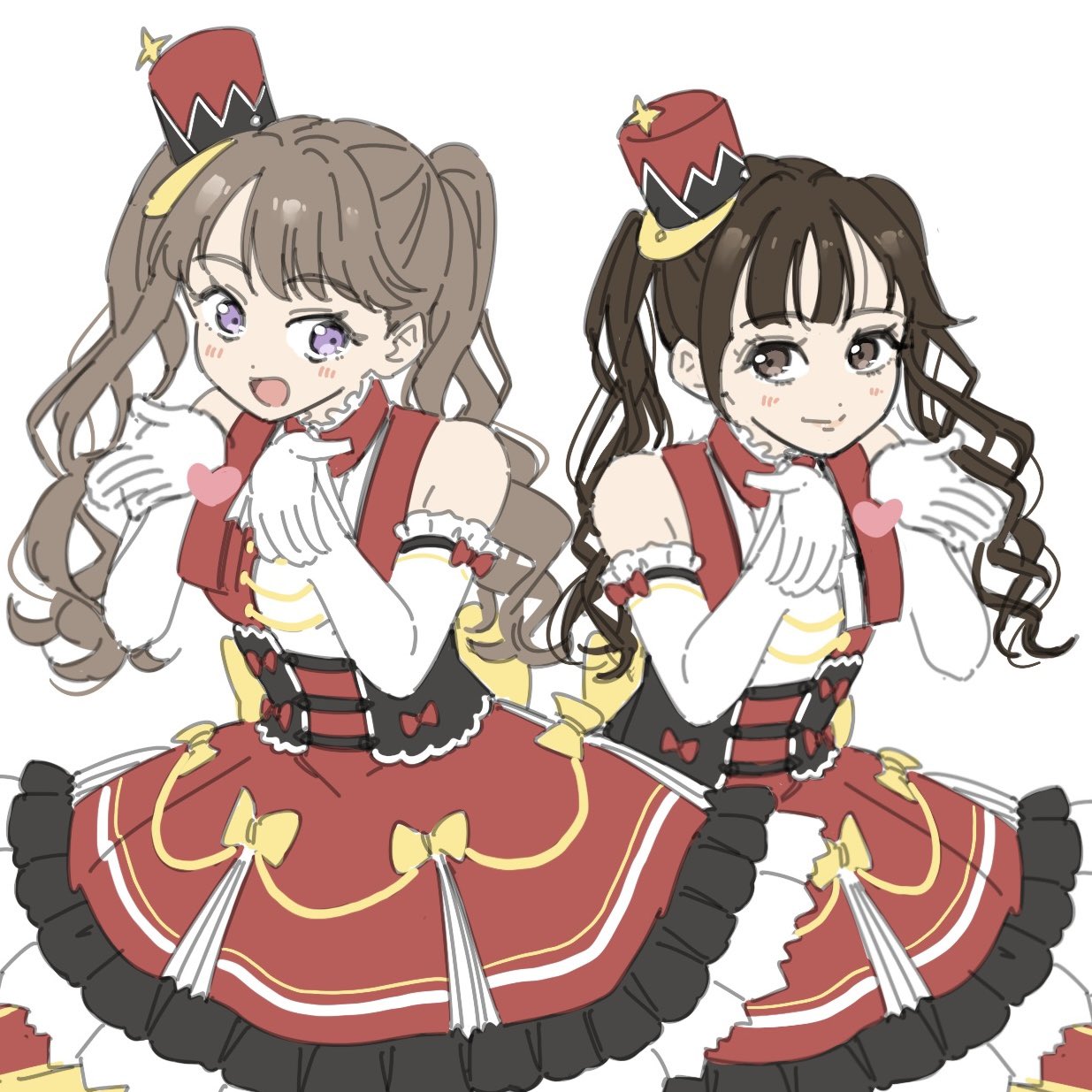 2girls :d animification bare_shoulders blowing_kiss blunt_bangs breasts brown_eyes brown_hair closed_mouth commentary_request dress elbow_gloves frilled_dress frills fujishima_megumi gloves hat heart highres key_of_like! link!_like!_love_live! llkapital love_live! medium_breasts mini_hat mini_shako_cap multiple_girls official_alternate_costume open_mouth purple_eyes real_life red_dress red_hat second-party_source shako_cap short_dress simple_background sleeveless sleeveless_dress smile split_mouth tilted_headwear tsukine_kona twintails unfinished virtual_youtuber voice_actor voice_actor_connection white_background white_gloves