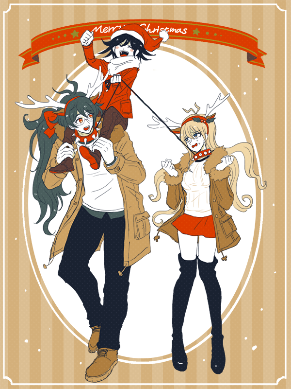1girl 2boys ^_^ alternate_costume animal_collar animal_ear_hairband animal_ears antenna_hair antlers banner black_footwear black_hair black_pants blonde_hair blue_eyes blush_stickers boots bow breasts brown_background brown_coat brown_footwear brown_pants buttons christmas clenched_hand clenched_hands closed_eyes coat collar commentary_request danganronpa_(series) danganronpa_v3:_killing_harmony deer_ears fake_animal_ears fist_pump full_body fur-trimmed_coat fur-trimmed_headwear fur_trim glasses gohan_(8823cobalt) gokuhara_gonta grey_undershirt hair_bow hairband hands_on_another&#039;s_leg hat holding holding_leash horns iruma_miu large_breasts leash long_hair long_sleeves merry_christmas messy_hair miniskirt multiple_boys oma_kokichi open_clothes open_coat open_mouth oval pants pocket pom_pom_hat_ornament ponytail red_bow red_coat red_collar red_eyes red_hairband red_hat red_skirt reindeer_antlers round_eyewear santa_hat scarf shirt shoes simple_background sitting_on_shoulder skirt smile snowing spiked_collar spikes standing star_(symbol) striped_background sweatdrop sweater teeth thigh_boots very_long_hair wavy_mouth white_scarf white_shirt white_sweater winter_clothes winter_coat