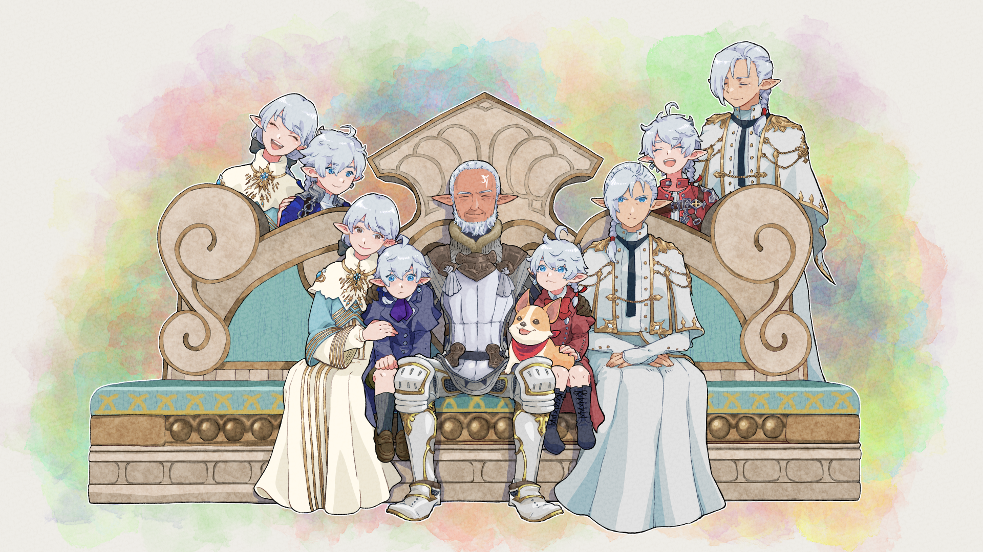 2girls 3boys ^_^ aged_down ahoge alisaie_leveilleur alphinaud_leveilleur armor beard black_footwear black_necktie blue_eyes blue_jacket blue_socks boots bow bowtie braid braided_ponytail brown_eyes brown_footwear capelet child closed_eyes collared_capelet commentary elezen elf eyes_visible_through_hair facial_hair facing_viewer family final_fantasy final_fantasy_xiv forehead_tattoo fourchenault_leveilleur full_body greaves hair_ribbon hand_on_another&#039;s_arm hand_on_another&#039;s_shoulder hands_on_own_knees highres jacket knee_boots knee_pads kneehighs loafers long_hair long_sleeves looking_at_viewer louisoix_leveilleur medium_hair mondo_jp multiple_boys multiple_girls multiple_views neckerchief necktie open_mouth pointy_ears purple_neckerchief red_bow red_bowtie red_jacket ribbon robe second-party_source shoes siblings side-by-side side_braid single_braid sitting sleeves_past_wrists smile socks straight-on swept_bangs twins white_capelet white_hair white_robe