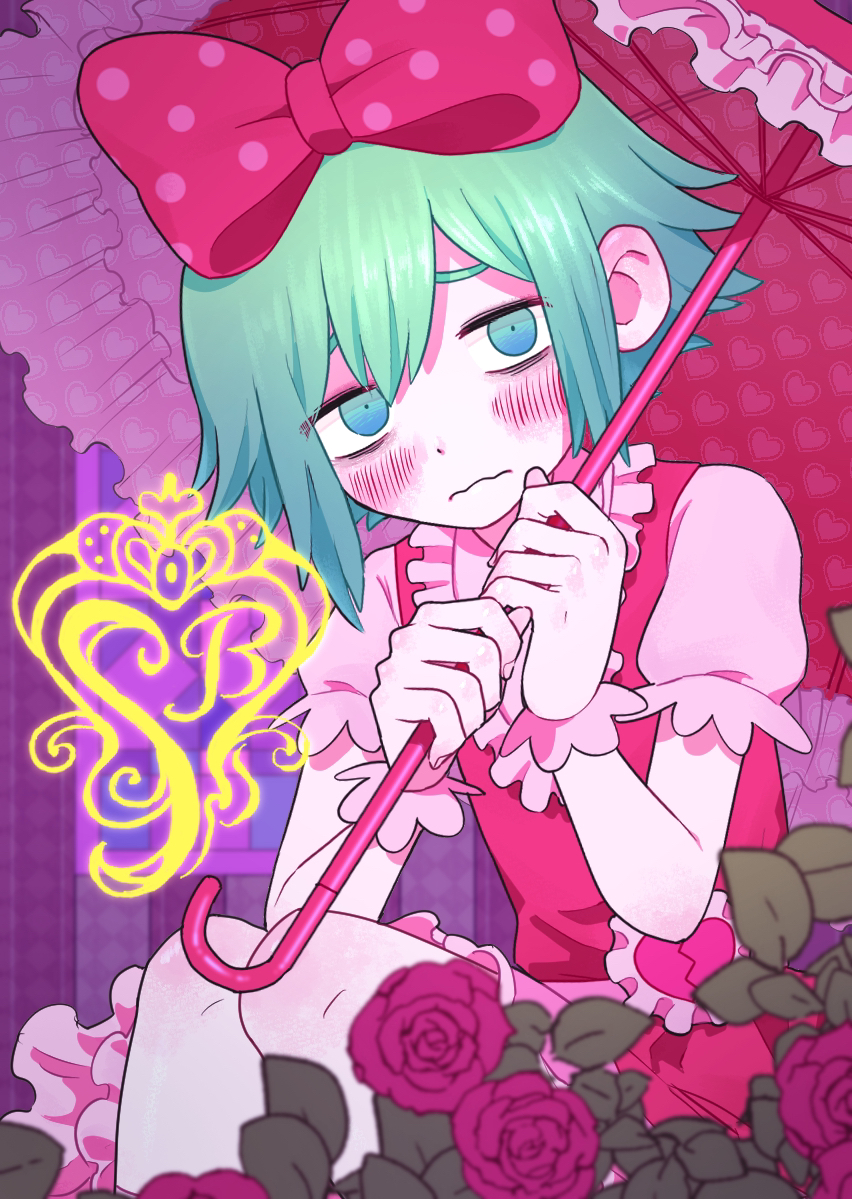 1boy basil_(headspace)_(omori) basil_(omori) bow closed_mouth cosplay crossdressing crossdressing_(mtf) embarrassed flower green_eyes green_hair hair_bow holding holding_umbrella looking_at_viewer male_focus miranosub omori parasol pink_bow polka_dot polka_dot_bow red_flower red_rose rose short_hair short_sleeves sitting solo sweetheart_(omori) sweetheart_(omori)_(cosplay) umbrella
